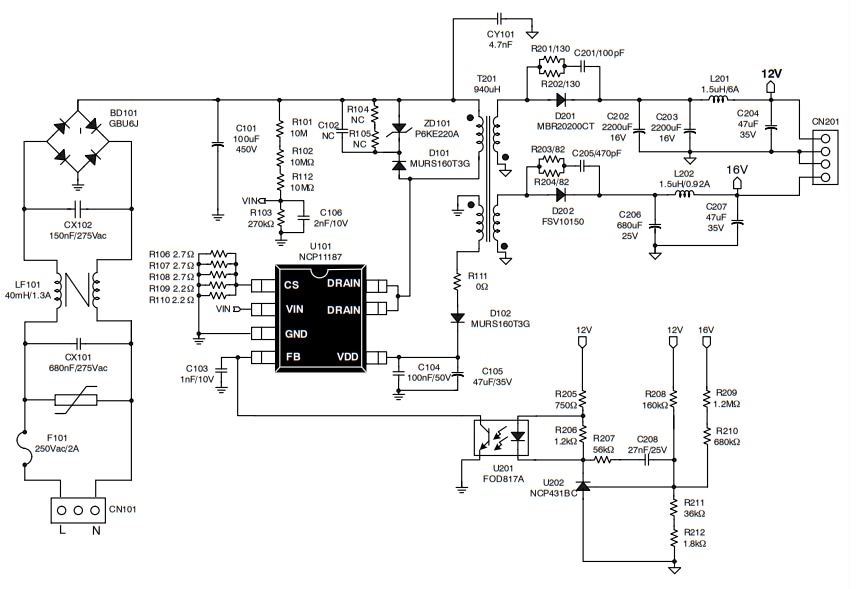 Schematic - onsemi NCP11187A65P45WGEVB Evaluation Board